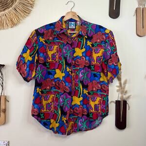 Vintage IN Private 100% Silk Medium Women's Button Down Short Sleeve
